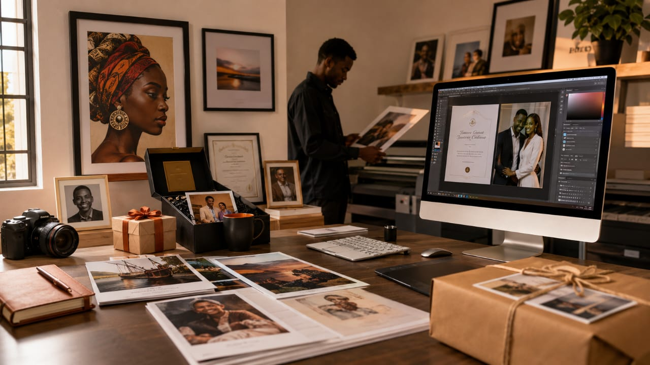 A framed artwork, gift box, flowers, printed designs and parcel arranged in a vibrant studio